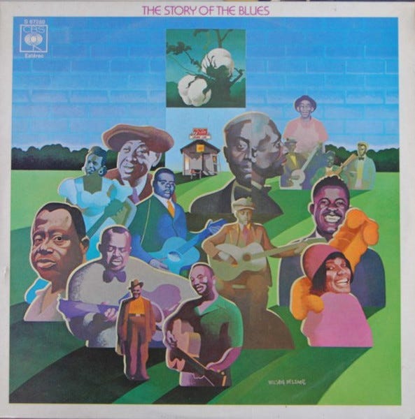 Album cover for the compilation album The Story of the Blues. It features illustrations of a montage of blues musicians in cartoonish form.