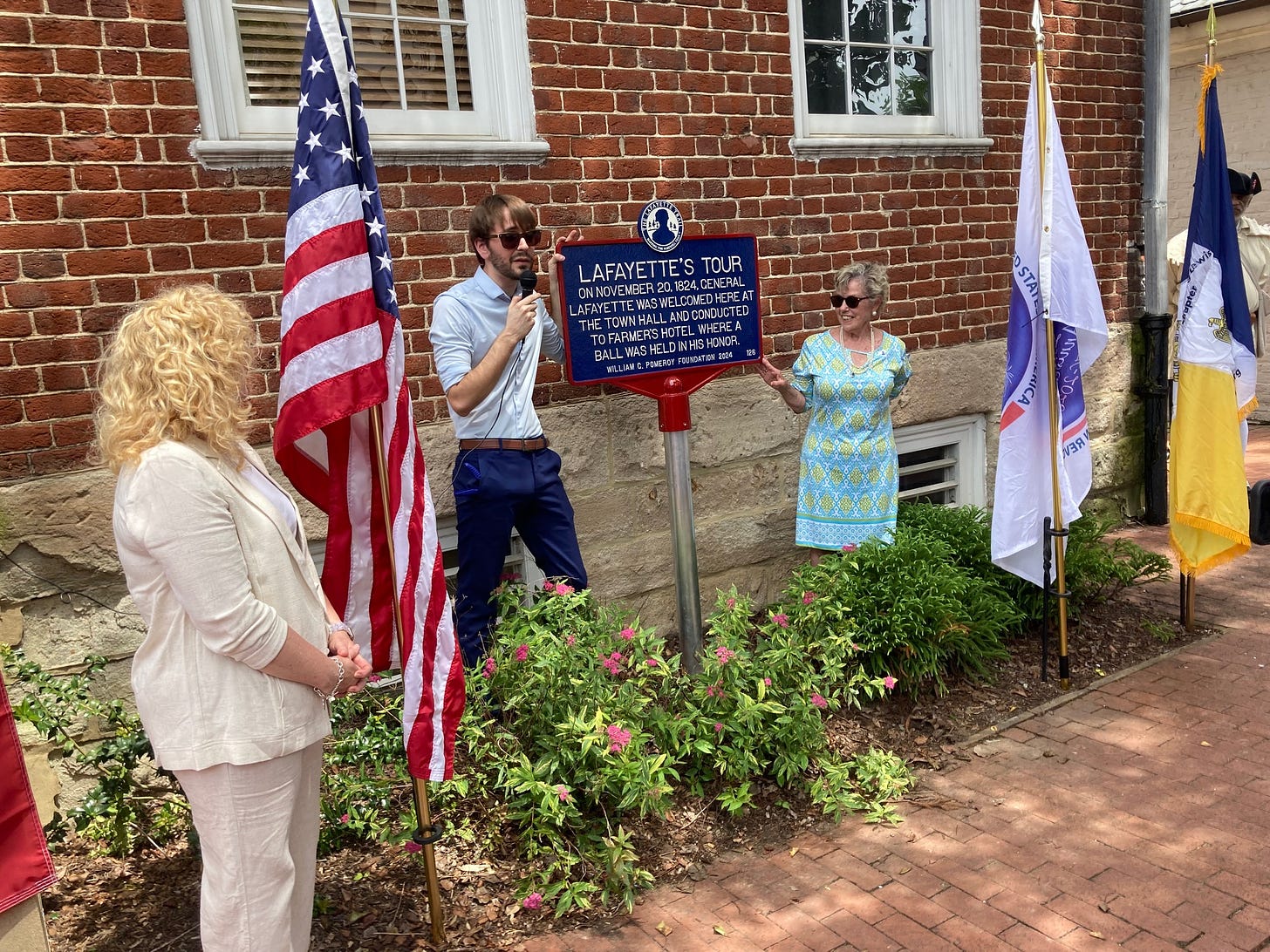 Julien Icher speaks following the unveiling of a historic marker commemorating Lafayette's 1824 visit to Fredericksburg on May 23,