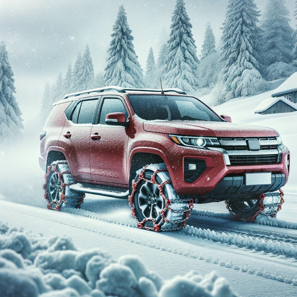 Image of a red, 4-wheel-drive vehicle equipped with snow-chains on its tires, skillfully navigating through a parking lot blanketed in snow and ice. The environment is a wintry scene, with the ground covered in a thick layer of snow and patches of ice visible, highlighting the challenging driving conditions. The vehicle is portrayed in motion, demonstrating effective adaptation and problem-solving in difficult winter weather.