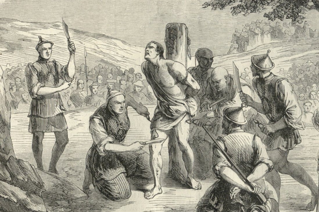An 1858 illustration from the French newspaper Le Monde illustré, of the lingchi execution of a French missionary, Auguste Chapdelaine, in China 