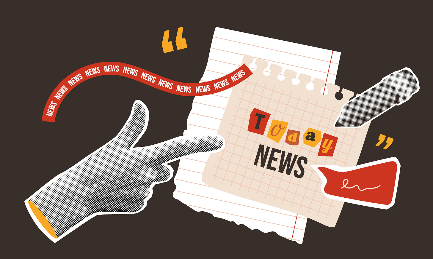 Illustration of news concept featuring a banner that reads "news news news" and a collage-effect hand.