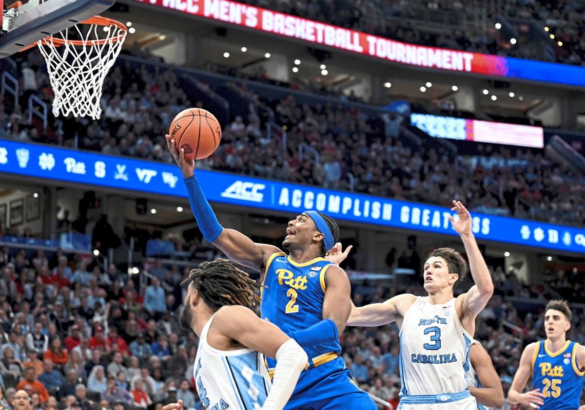 Blake Hinson #2 of the Pittsburgh Panthers drives to the basket in the second half against Cormac Ryan #3 of the North Carolina Tar Heels in the Semifinals of the ACC Men's Basketball Tournament  at Capital One Arena on March 15, 2024 in Washington, DC.