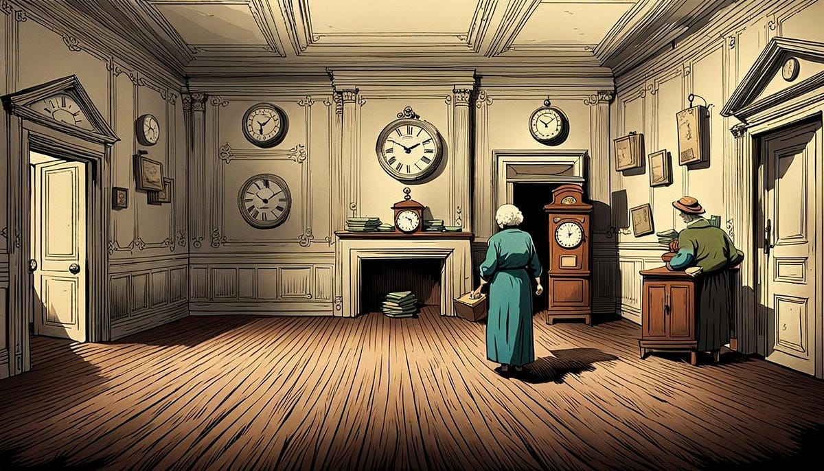 Old woman in large room with many clocks