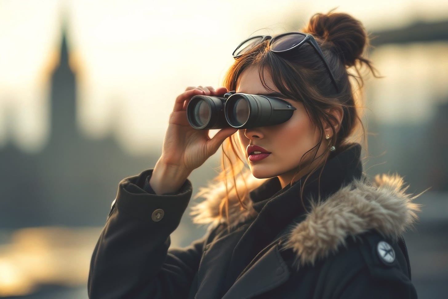 Young woman looking through binoculars.