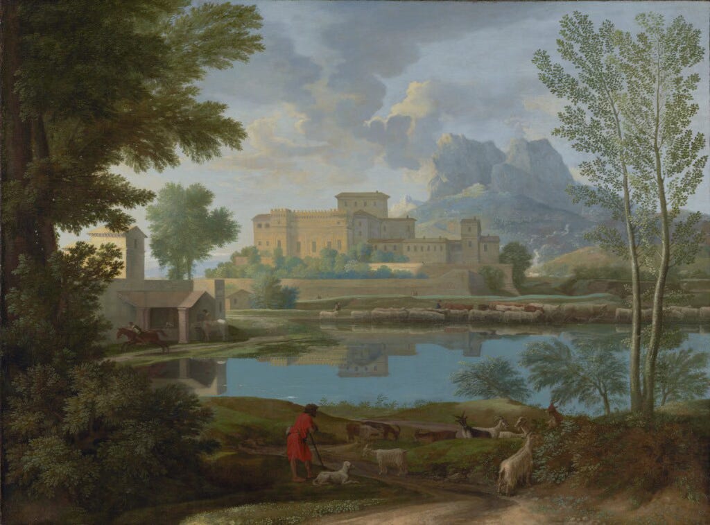 The painting Landscape With a Calm by Nicholas Poussin. The painting shoes a herder with a dog goats in the foreground. In front of him is a small lake reflecting trees, buildings, and a clear sky. On the far side of the lake is a herd of cattle with a minder, and above him is a blocky castle and a craggy mountain fading into clouds lit by a sun which is now hidden