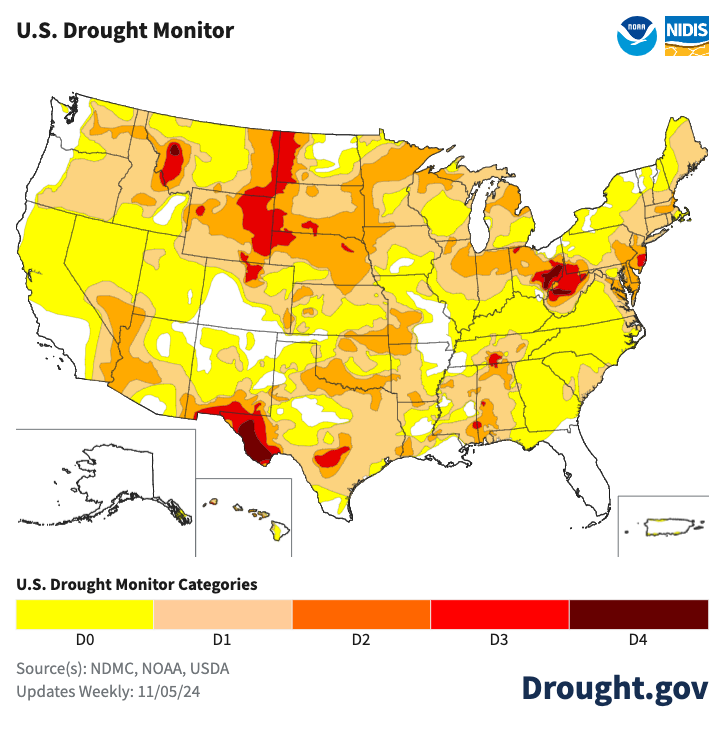 A map of the United States from the US Drought Monitor, showing yellow, orange and red across most of the continental US. 