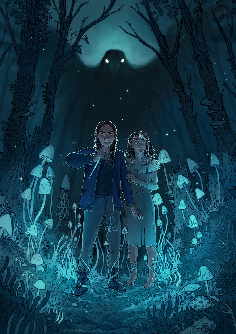illustration of two girls in a spooky forest, surrounded by glowing mushrooms and moss and animal bones. The girl on the left is taller, with brown skin and braids, and is holding up a bone knife and protecting the other girl, in a thin dress with blank eyes and a white streak in her hair. Behind the tree trunks behind them is the silhouette of a large raven with its wings outstretched, blending into the sky, with glowing eyes.