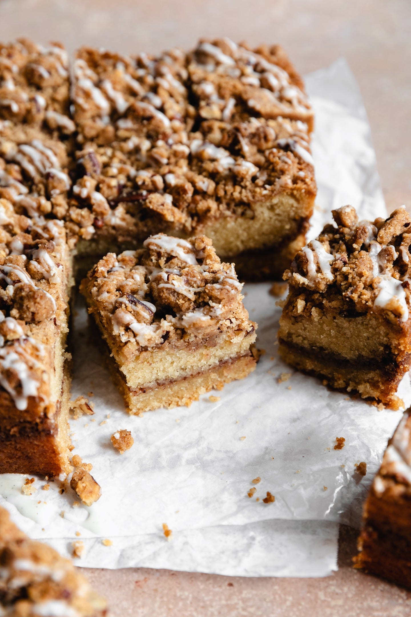 Vegan cinnamon streusel coffee cake on parchment paper