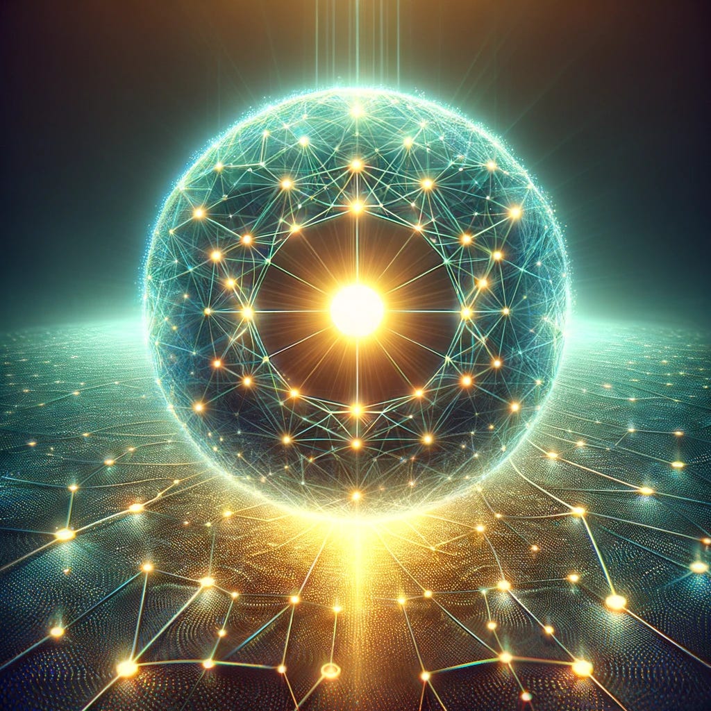 An image depicting a network where the nodes create a sphere, with a glowing 'soul' inside. The sphere should be formed by interconnected nodes and lines, representing decentralization. Inside the sphere, a radiant and ethereal light source symbolizes the 'soul' of decentralization and crypto. The background should remain abstract, emphasizing the central glowing sphere. The color palette should feature shades of blue and green for the network, and a bright, golden glow for the 'soul.'