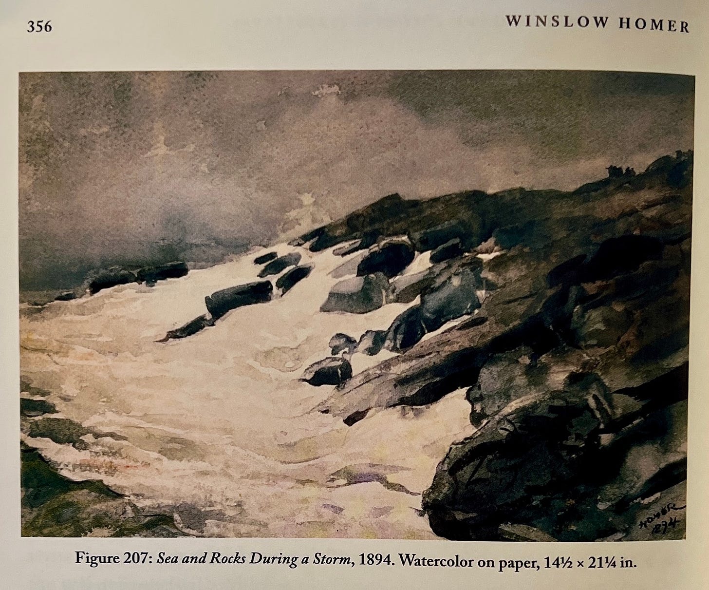 An image of a watercolor painting, taken from a book. The painting shows a rocky coastline and frothy surf.