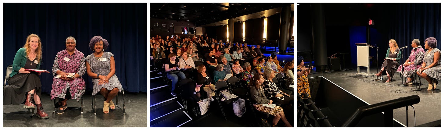 A triptych of three photos - the first has three women posing on the stage, under a spotlight; the second shows a theater filled with audience members looking toward a stage; the third shows three panelists listening to a question from an audience member. All three photos are from a recent event hosted by JASNA New York. 