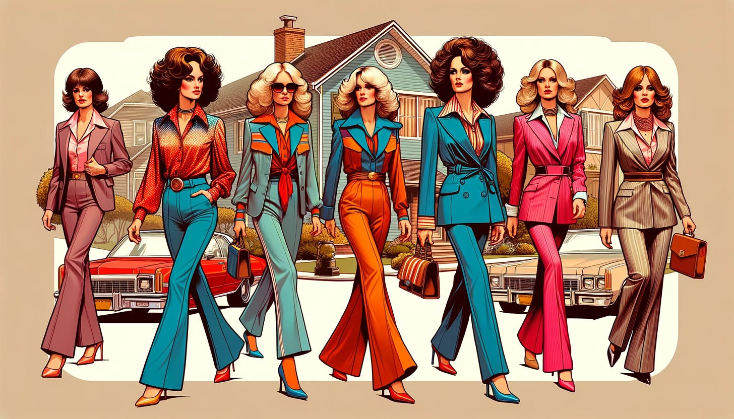 Capture the essence of the late 70s and 80s, showing women in iconic fashion of the era leaving their houses and heading off to the office. These women are dressed in the distinctive styles of the time, such as power suits with wide lapels, shoulder pads, and vibrant colors, paired with high heels and bold accessories. Their hair is styled in the voluminous looks that were popular during these decades. The background features a suburban home with elements characteristic of the period, transitioning to an urban setting that suggests a bustling city office environment. The atmosphere is one of empowerment and progress, reflecting the growing presence of women in the workforce. The image should convey a sense of dynamism and the vibrant energy of the era, with a color palette that echoes the fashion and aesthetic trends of the late 70s and 80s.
