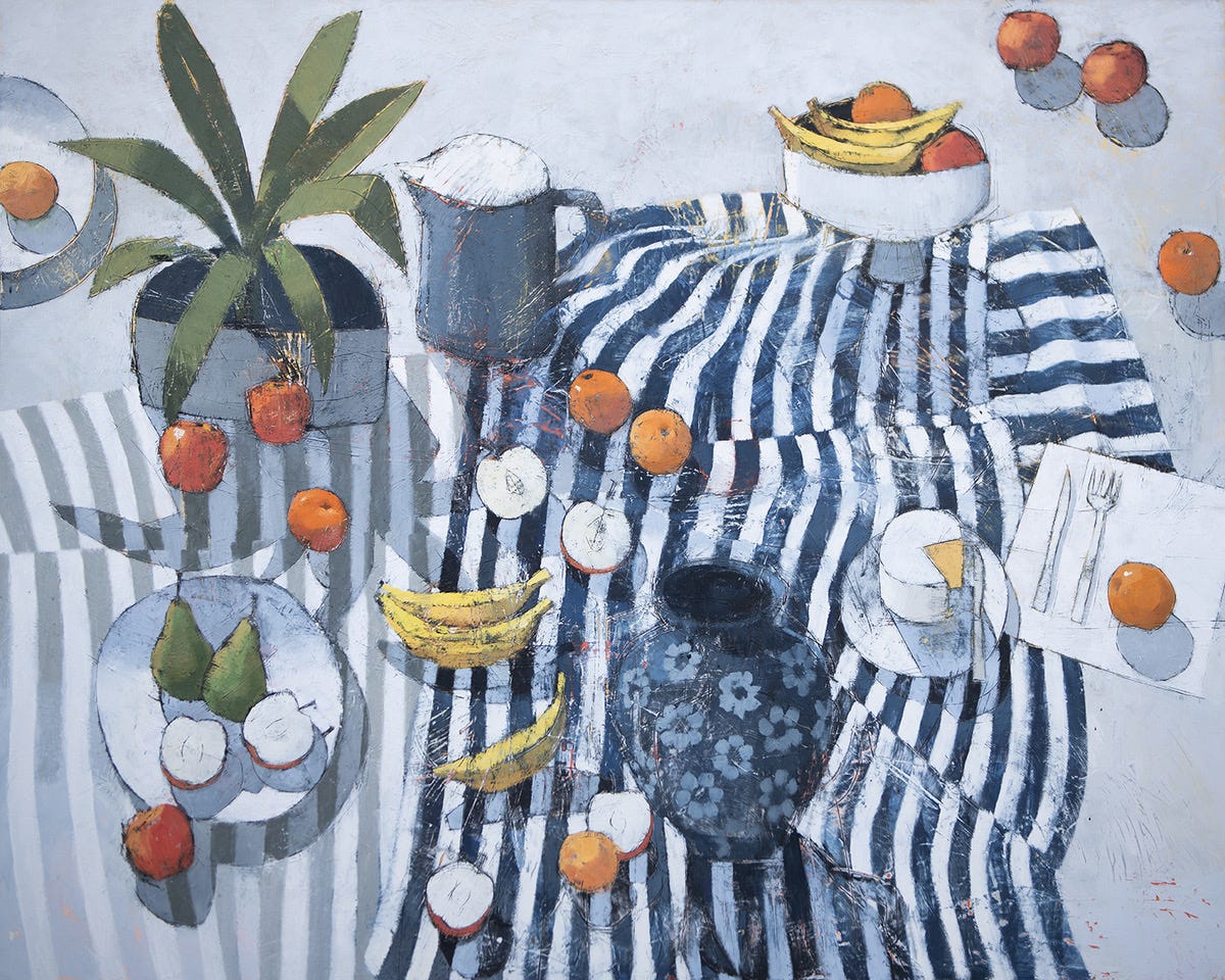 A painting of fruit on a striped cloth

Description automatically generated