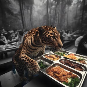 "Autistic Leopard Sits Alone," digital illustration by the author, tools include AI. A leopard is portrayed with human-like behaviors, finding his seat alone in a cafeteria, carrying  a meta; tray with various compartments filled with different dishes. The setting is a busy cafeteria with people dining in the background, obscured by a hazy jungle atmosphere in the background. This scene symbolizes the podcast's discussion on "Autism? It's a State of Being. NOT an Identity Group," emphasizing the right to individual choices and preferences, akin to selecting one's meal, in the context of one's life and identity, without sitting at the cool kids' table.