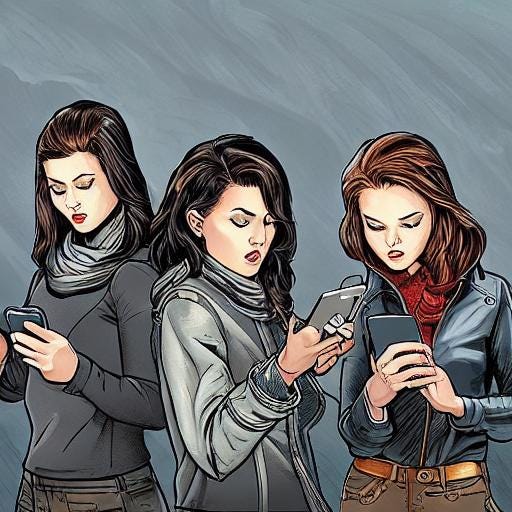 AI generated comic style illustration of three women each consulting their mobile devices re: when they might meet again