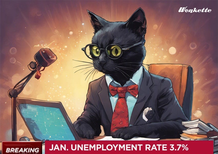 AI generated image of a cat economist in round nerdy glasses and a suit, looking at a laptop computer on a desk. 