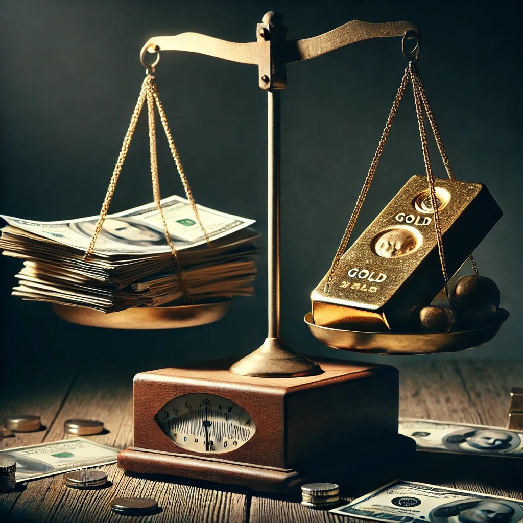 An old-fashioned wooden balance scale teeters on the edge of imbalance. One side holds stacks of paper money and financial documents, while the other side has a single gold bar, visibly tipping the scale. Dramatic lighting with deep shadows emphasizes the instability, symbolizing a financial tipping point, representing the uncertainty in global financial markets and the role of gold in the transition from paper money. The scene conveys tension, potential collapse, and transformation in the financial system.