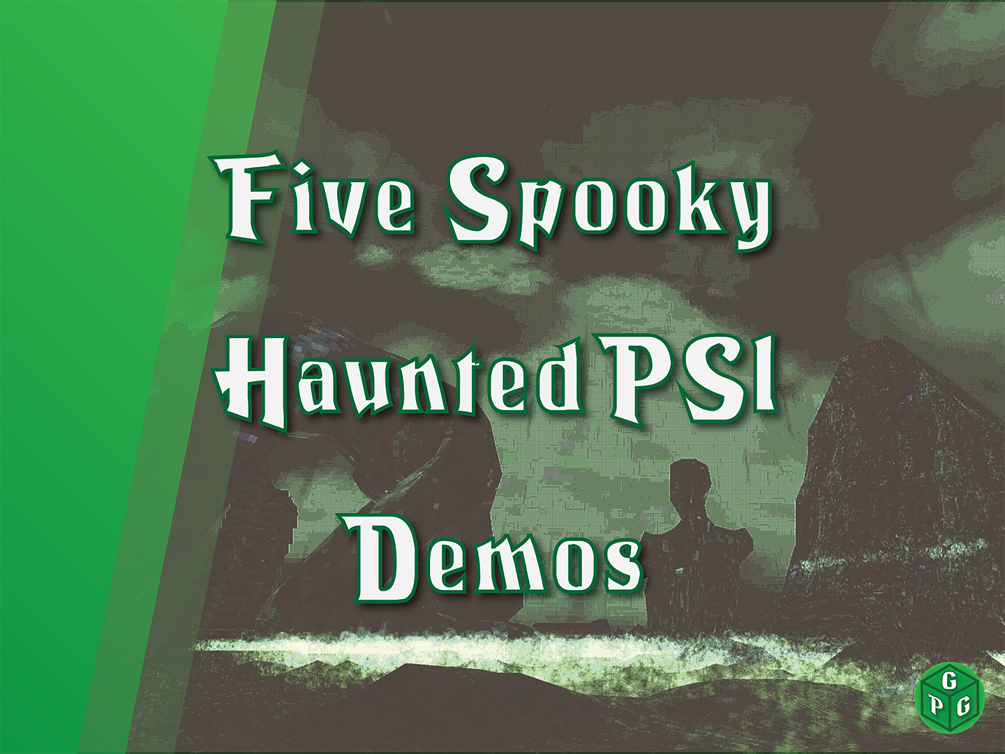 Five Spooky Haunted PS1 Demos. Background depicts a low-poly landscape of jagged rocks, pouring rain, and the silhouette of a broken, limbless statue.