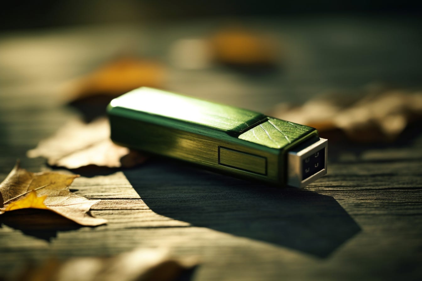 An AI-generated picture of a green USB key surrounded by autumn leaves.