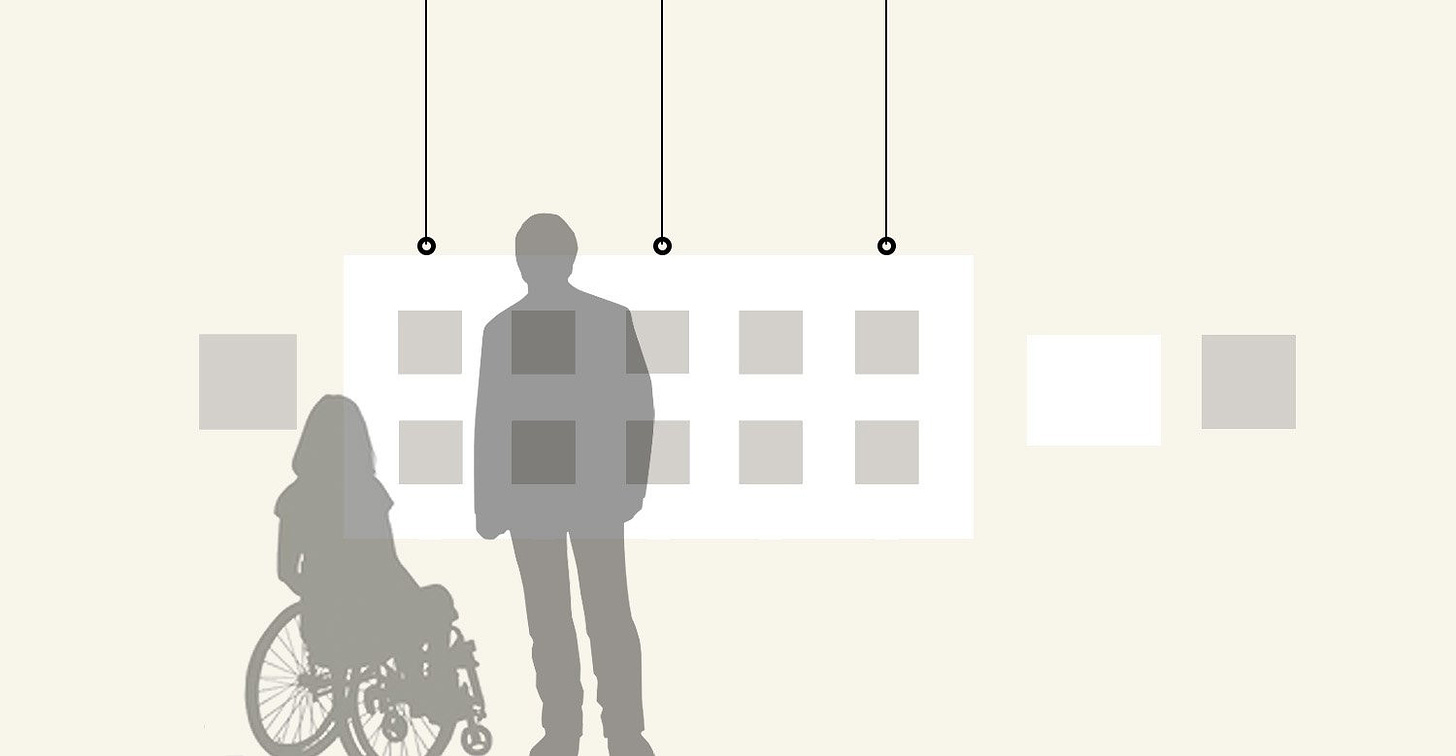 A graphic showing the silhouettes of a woman seated in a wheelchair and a man standing beside her. The figures look on at blank representations of a series of small paintings hanging in a grid alongside a couple larger paintings on either side.