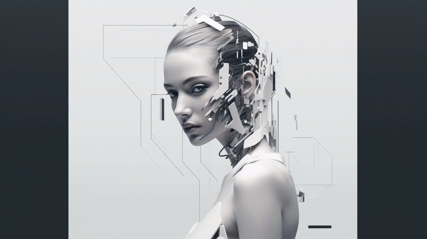 Minimalist future art collage, ultra simplicity a young cyborg
