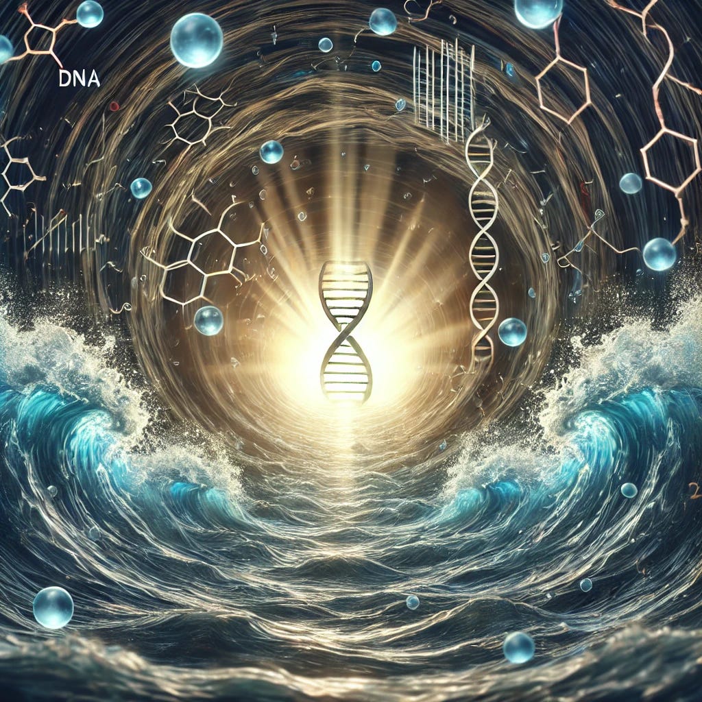 A biotech-themed illustration depicting a dark tunnel filled with choppy waters, representing challenges in the biopharma industry. The waves inside the tunnel are made of abstract molecular structures and DNA strands, highlighting the biotech focus. At the end of the tunnel, a bright, radiant light shines through, symbolizing hope and innovation, especially with advancements in precision medicine and digital health. The light could also reflect symbols of biotechnology, such as helix structures, to emphasize the connection to the field.