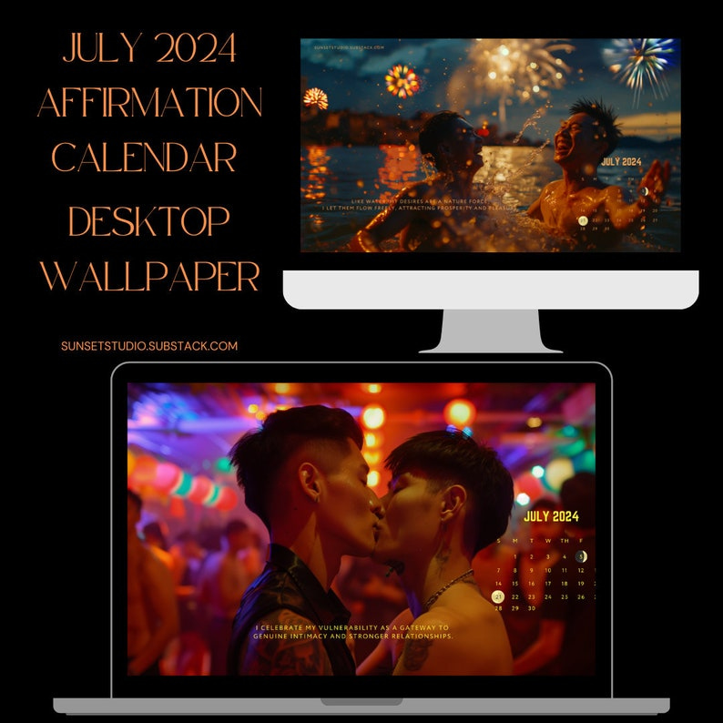 2024 July affirmation calendar desktop wallpapers featuring cinematic and romantic Asian queer scenes. This image shows a preview of two wallpapers featuring Asian queer (gay) couples playing in the ocean and kissing in bars.