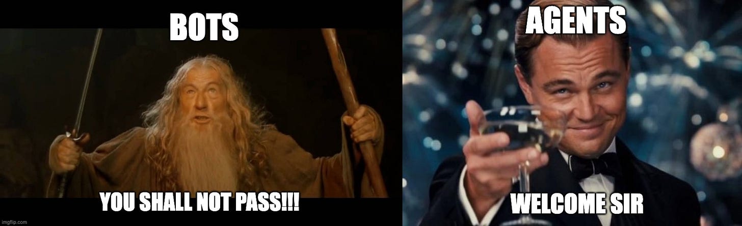 AGENTS; BOTS; YOU SHALL NOT PASS!!! WELCOME SIR | image tagged in gandalf - you shall not pass,memes,leonardo dicaprio cheers | made w/ Imgflip meme maker