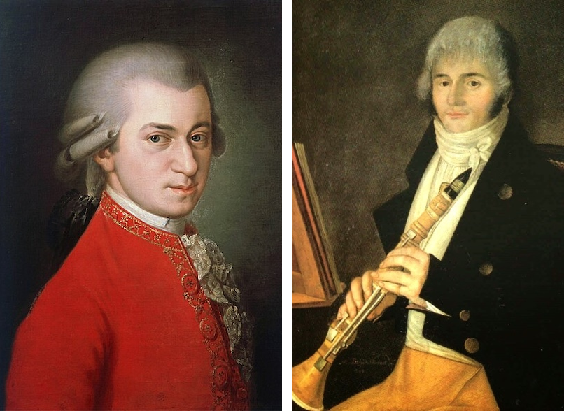 Two early 19th-century portraits, one of Mozart wearing a tight-fitting crimson coat and powdered wig; the other of Stadler with natural grey hair and a black coat holding a clarinet