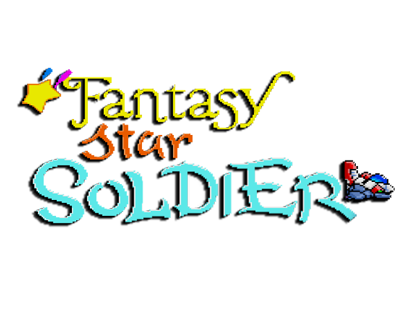 A clear background logo of the unreleased North American localization of Star Parodier, titled Fantasy Star Soldier. It features the Paro Caesar on the right side of a three-level (one word per level) logo, with each word written in a different bright color.