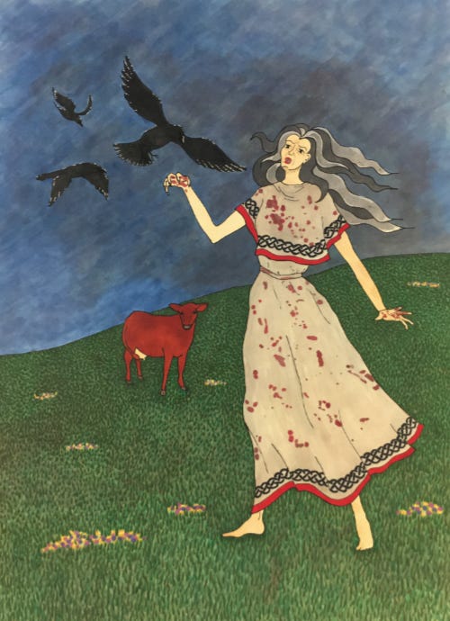 Painting of a tall, thin, grey-haired female figure wearing a blood-spattered dress. Three crows fly in a darkened sky, and a young red cow stands in the background.