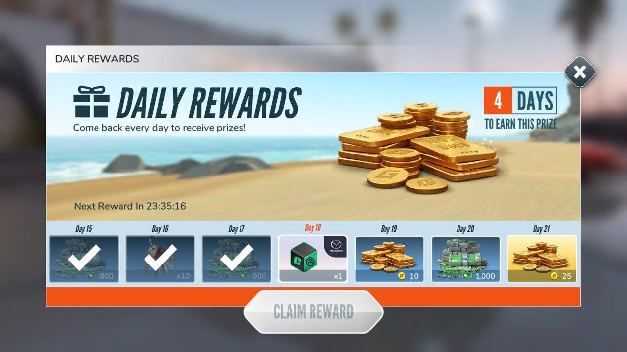Dail rewards modal from Rebel Racing