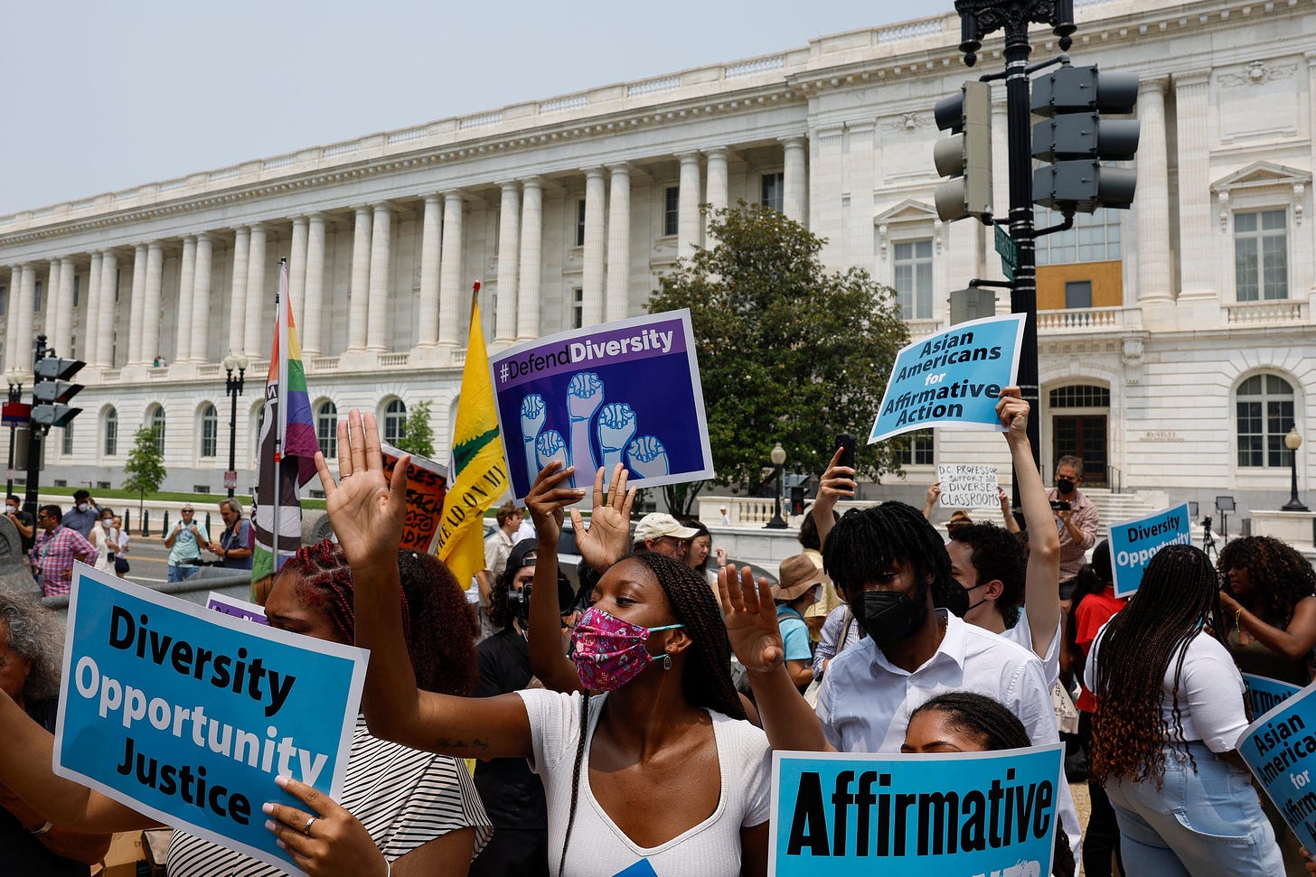Supporters of affirmative action protest near the U.S. Supreme Court Building on Capitol Hill on June 29, 2023 in Washington, DC. In a 6-3 vote, Supreme Court Justices ruled that race-conscious admissions programs at Harvard and the University of North Carolina are unconstitutional, setting precedent for affirmative action in other universities and colleges.