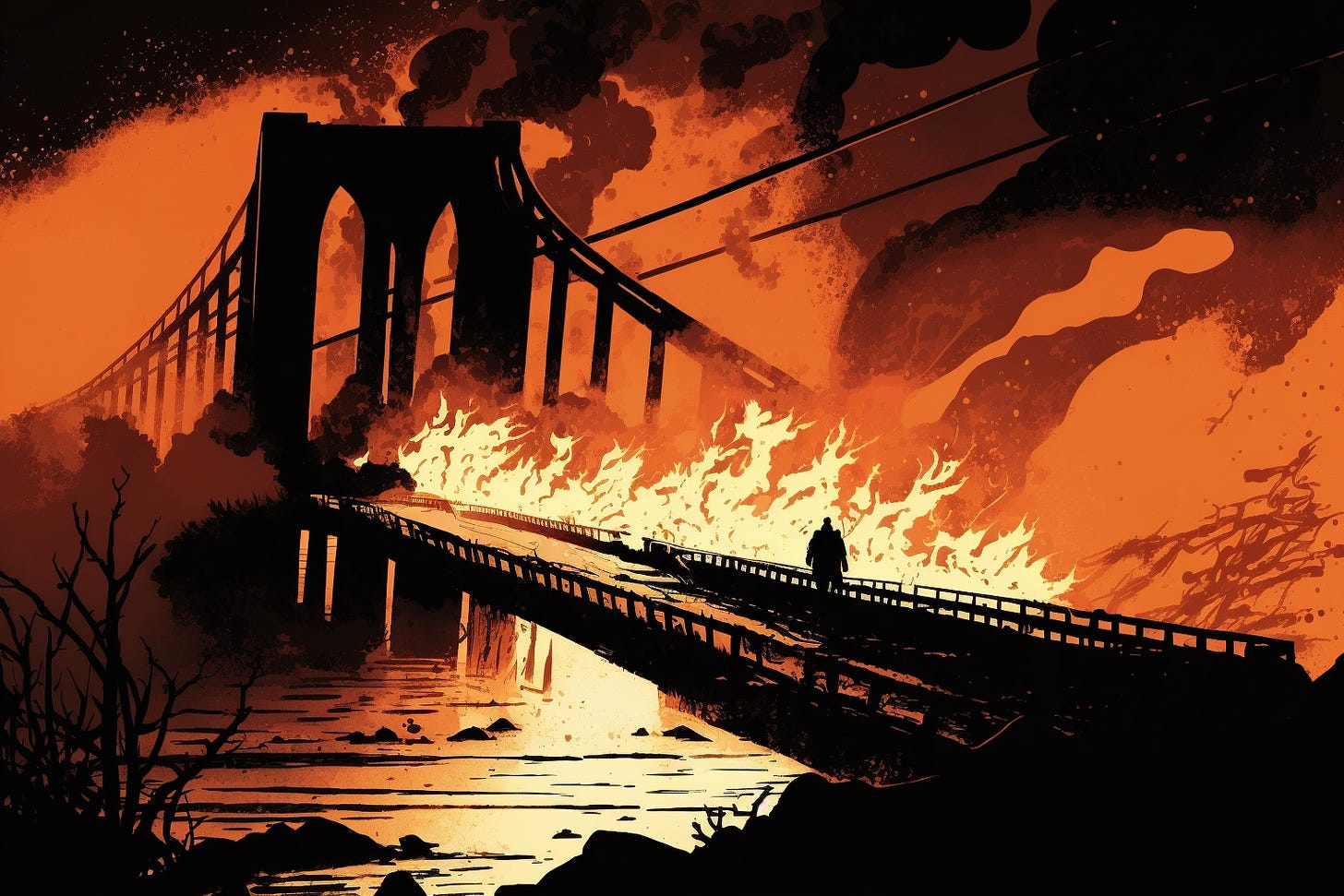 A large burning bridge with a person staring at the flames