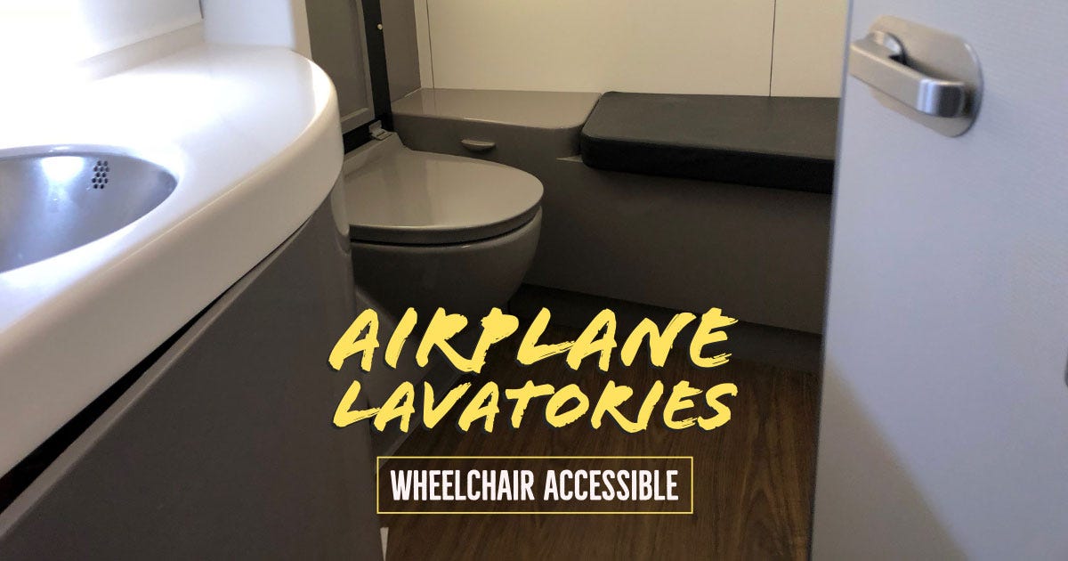 Larger airplane lavatory with text over image that reads wheelchair accessible airplane lavatories
