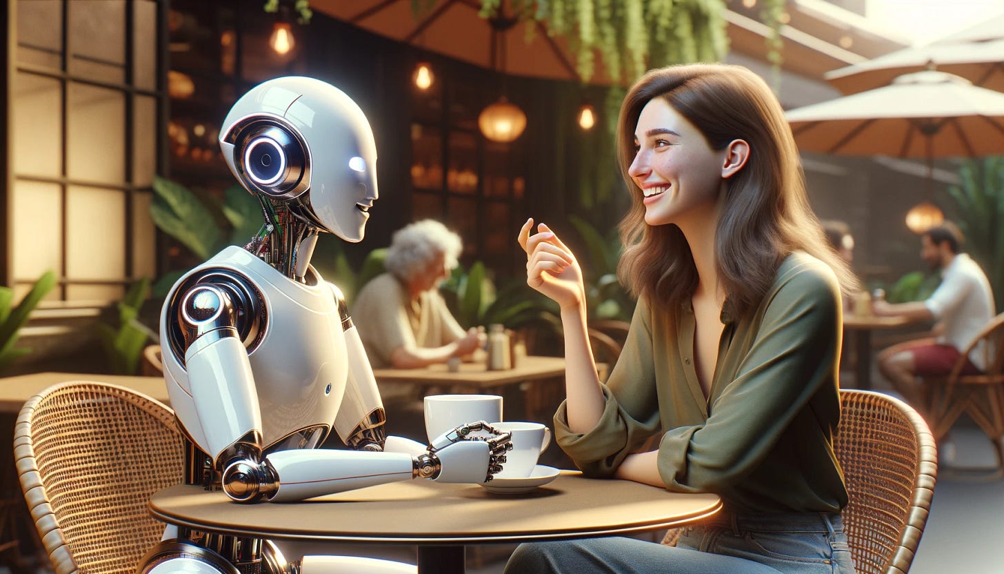 A woman and robot sitting and talking