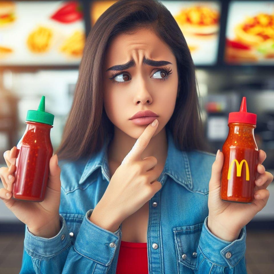 r/weirddalle - Young woman making a difficult decision: Red or Green Sauce at a New Mexico McDonald's