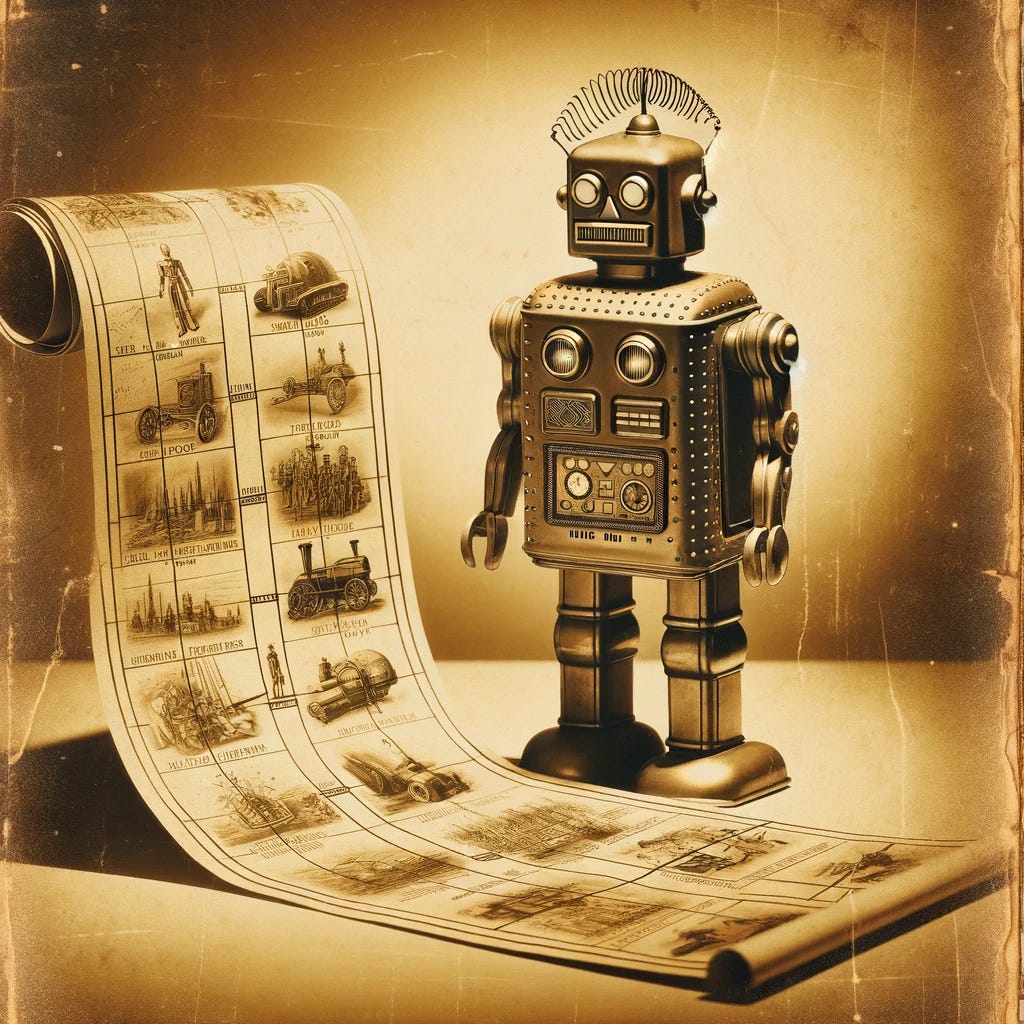 An old-style, sepia-toned photo depicting a vintage robot looking at a timeline. The robot is designed in a classic 1950s science fiction style, with a boxy, metallic body, round head, and antenna. It stands beside a long scroll unfurled on a table, which represents the timeline. The timeline is filled with various historical events and futuristic predictions, drawn in an old-fashioned, hand-sketched style. The photo has an aged look, with grainy texture and slightly faded edges, to give it an authentic feel of a photo from the early 20th century. The scene combines a retro aesthetic with a hint of futurism, creating a unique juxtaposition.
