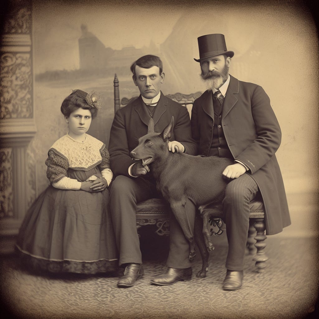AI generated vintage photo of a Victorian familiy with their pet chupacabra