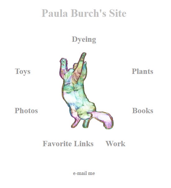 Paula Burch's landing page a green and pink cat on it's hind legs surrounded by thw words dyeing plants books work favourite links photos and toys