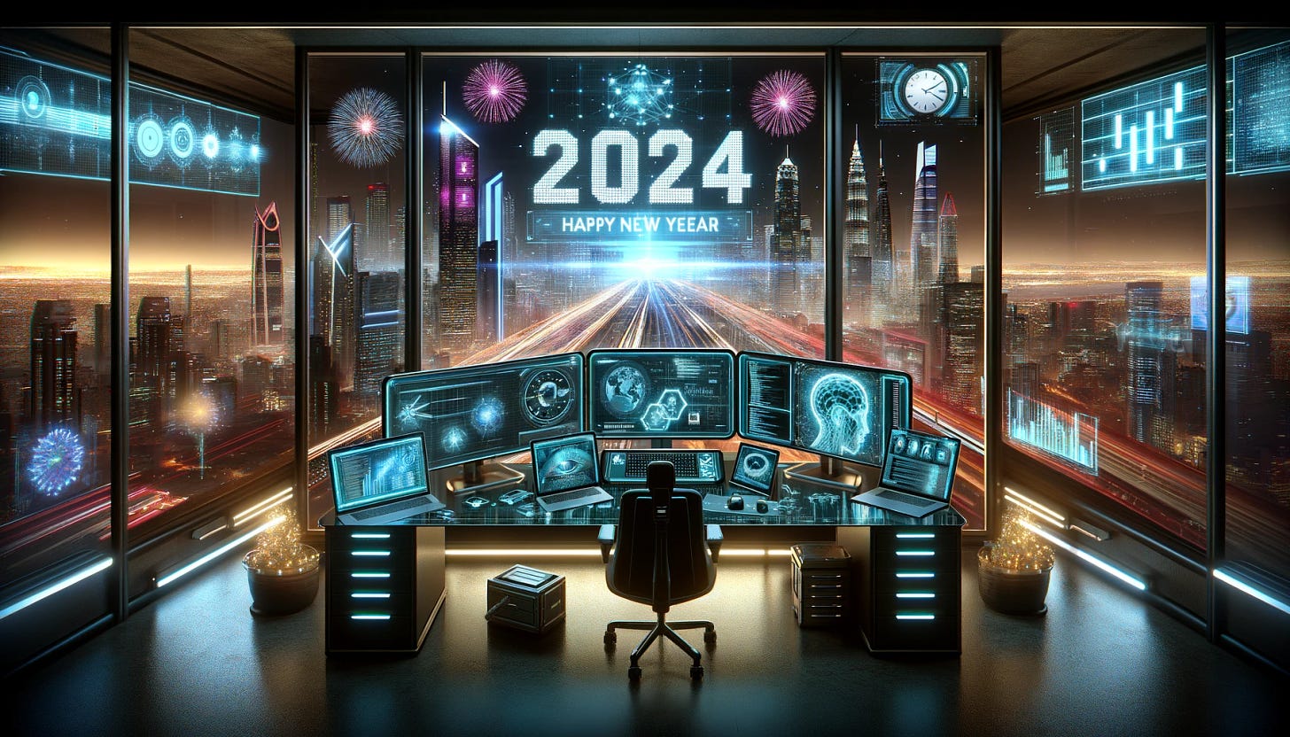 For the 2024 New Year edition of 'AI NEWS' magazine, the image is a dynamic, AI-themed celebration. The scene is set in a futuristic office space with a panoramic view of a city skyline at night, lit up with neon lights. In the center, a high-tech workstation with multiple monitors displaying advanced AI research, coding interfaces, and futuristic AI models. The monitors show clear visuals of '2024' in a digital, stylish font. Outside the window, the city is alive with celebrations: digital fireworks in the sky spelling out '2024' amidst a backdrop of skyscrapers. The office has subtle New Year decorations like a digital clock striking midnight and a holographic calendar turning to January 1, 2024, seamlessly blending technology with the festive atmosphere.