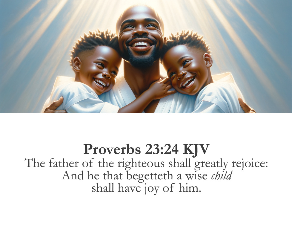 An illustration of a smiling African father, joyfully embracing his two young boys, all wearing white robes, embracing each other joyfully. They are surrounded by a background of radiant, glowing light beams. The man and boys have bright, happy expressions as they look upwards. Below the illustration is a Bible verse from Proverbs 23:24 (KJV) that reads: "The father of the righteous shall greatly rejoice: and he that begetteth a wise child shall have joy of him."