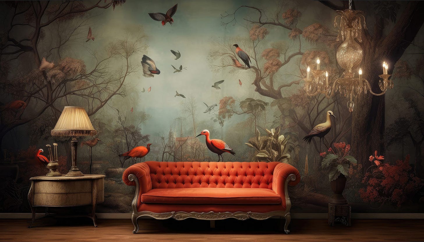 Cover image of The Box: photo of an empty couch in a surreal world of birds and trees