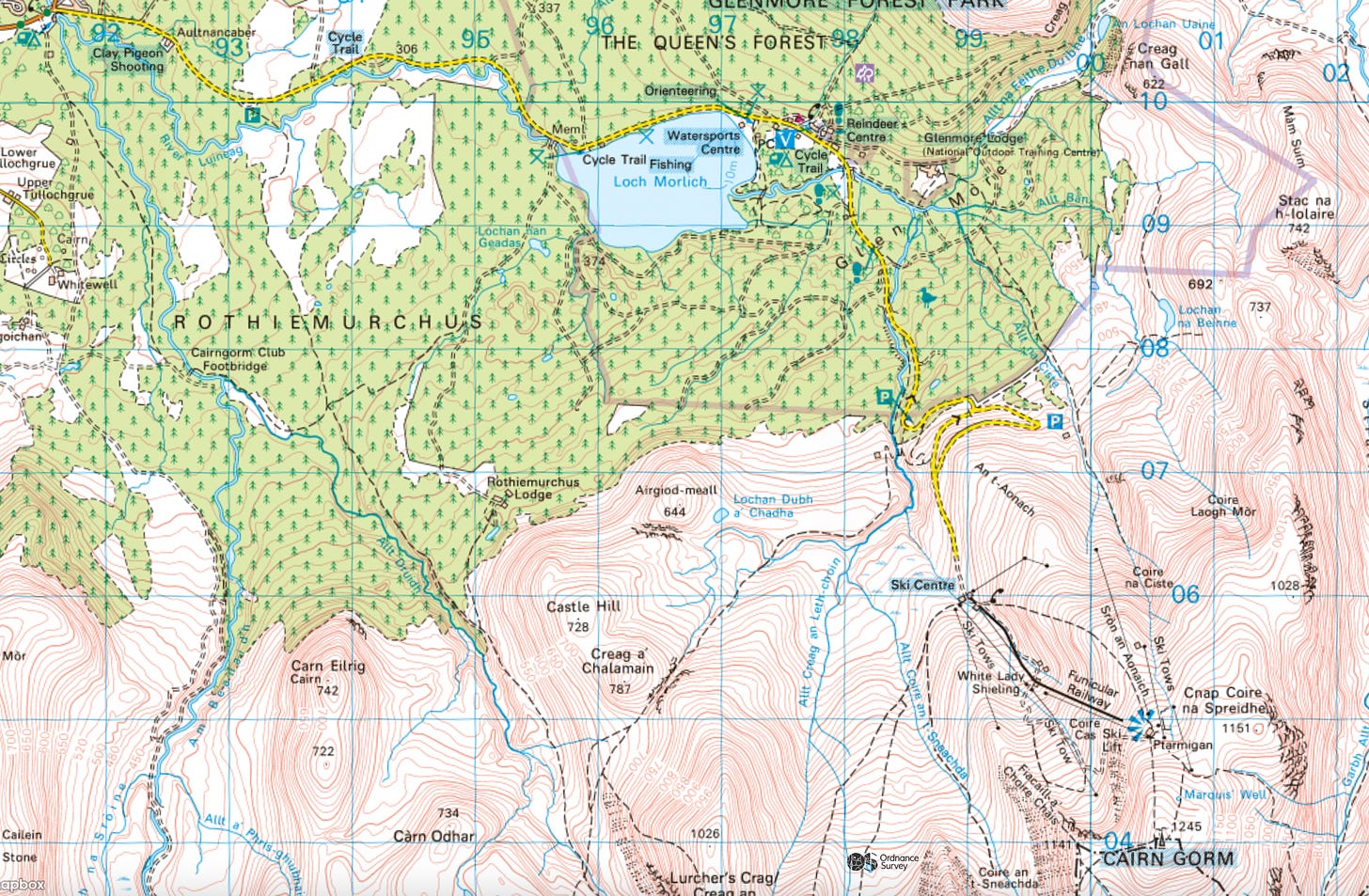 Segment of a digital OS map showing the topography of the Cairn Gorm summit region. The walk back out on day one had views over the Rothiemurchus Forest, Loch Morlich - and beyond.