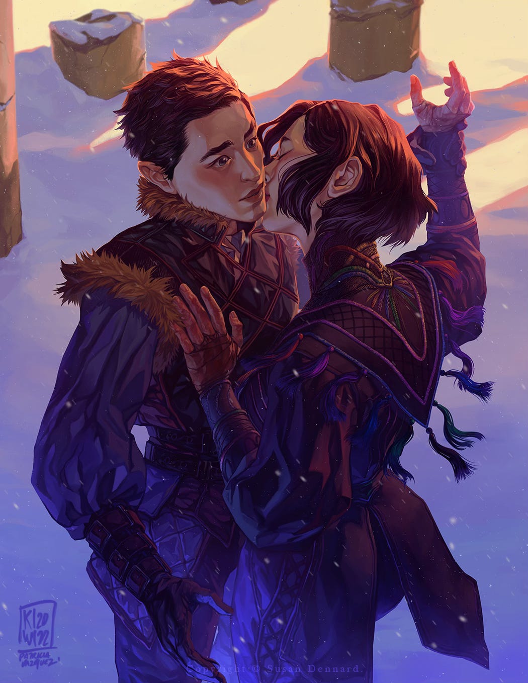 Full color art depicting Iseult kissing Aeduan on the cheek while snow falls and banks around them and sunset lights them