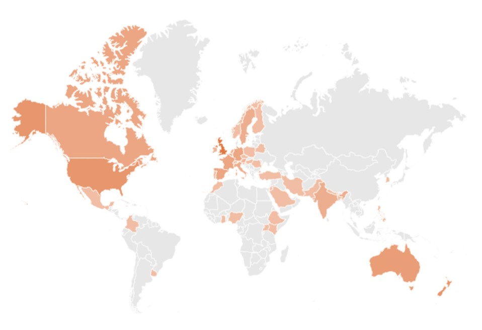a world map showing the countries where mobility matters readers live