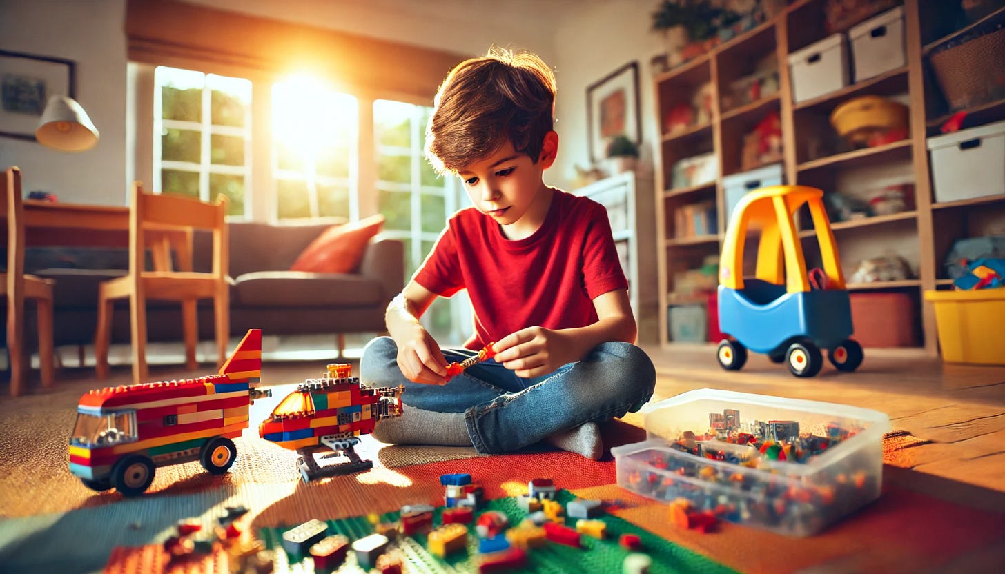 A wide image showing a young boy building a LEGO set. The boy is around 7 years old, with short brown hair and wearing a red t-shirt and jeans. He is sitting on a colorful play mat in a well-lit, cozy living room. There are LEGO pieces scattered around him, and he is focused on assembling a small LEGO spaceship. The background includes a bookshelf with toys, a sofa, and a window with sunlight streaming in. The scene is vibrant, warm, and cheerful, capturing a moment of concentration and creativity.