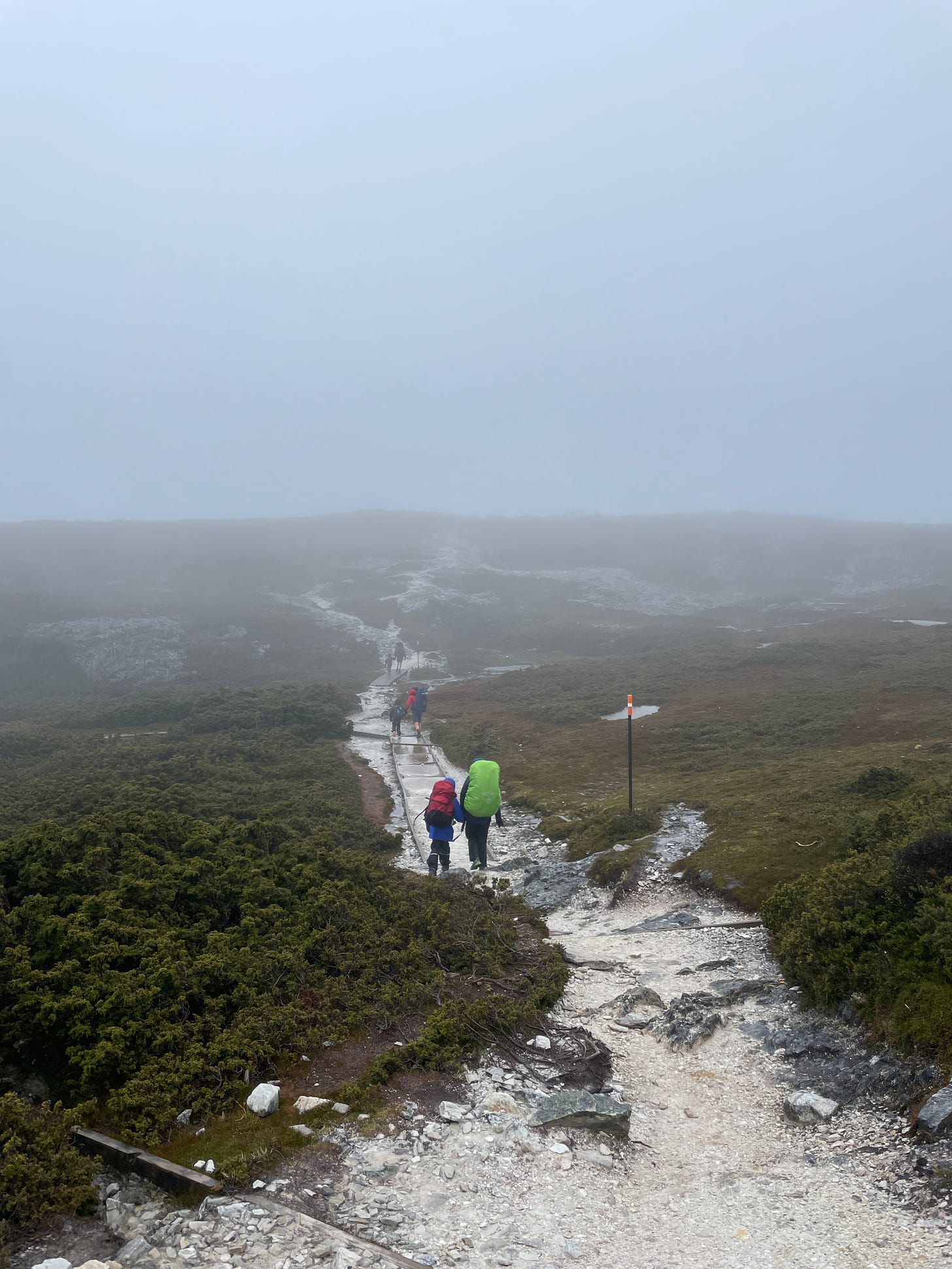 walker holding hands as the traverse the apline slopes of a mountain in rain and wind