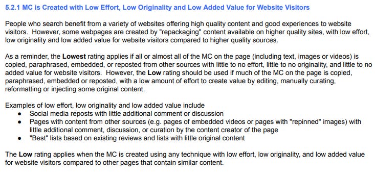 The main content is created with low effort and has low added value from the Quality Rater Guidelines