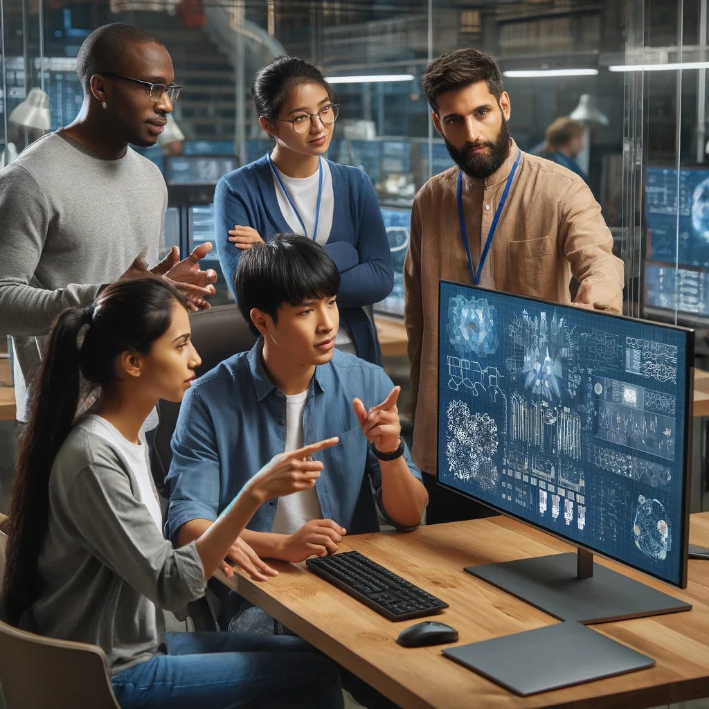 A diverse team of researchers, consisting of three men and two women of various ethnicities, working together in a high-tech laboratory. The scene shows them around a large digital screen displaying complex algorithms and data. The men are dressed in casual attire, one Asian with glasses, one Black with short hair, and one Caucasian with a beard. The women, one Hispanic with long hair tied back and one Middle-Eastern with a hijab, are actively discussing and pointing at the screen. The lab is filled with modern computers and scientific equipment.
